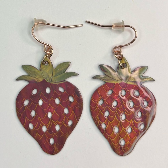 Handmade Strawberry Shaped Dangle Earrings Hand Painted Laser Cut Resin, [2”] - Picture 3 of 8